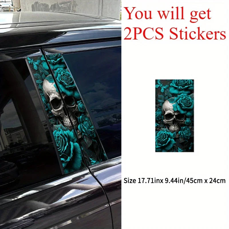 Turquoise Skull Car Sticker 2-Piece Set Waterproof Vinyl Sticker for Door Pillar Scratch Cover and Trim