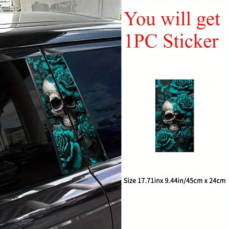 Turquoise Skull Car Sticker 2-Piece Set Waterproof Vinyl Sticker for Door Pillar Scratch Cover and Trim