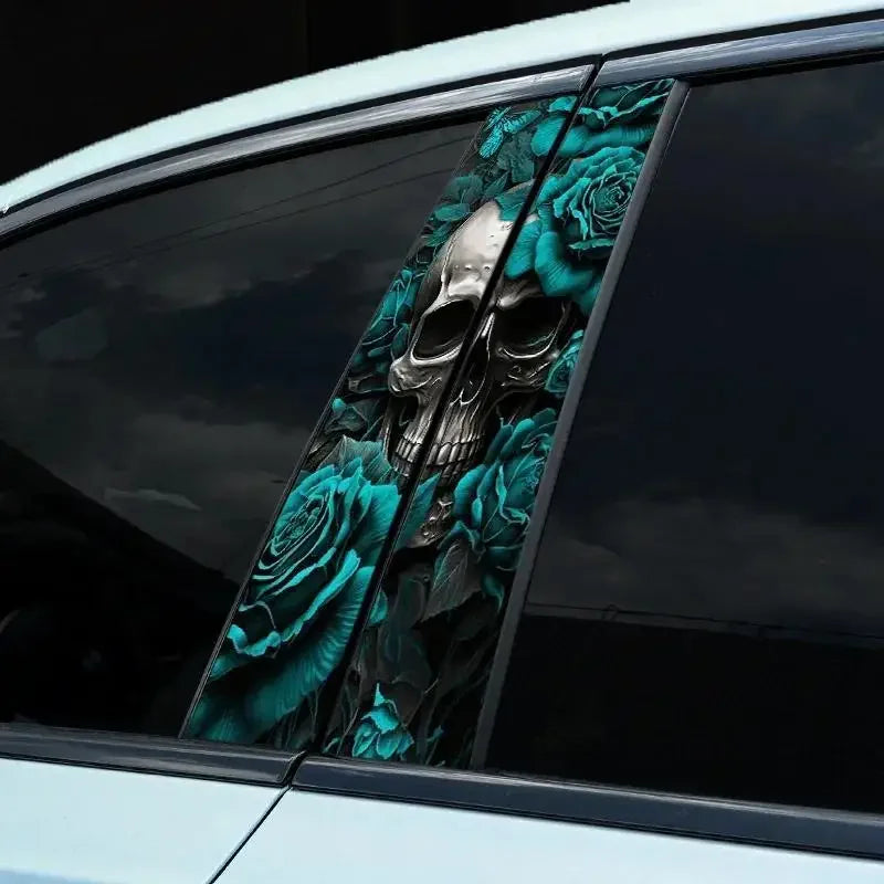 Turquoise Skull Car Sticker 2-Piece Set Waterproof Vinyl Sticker for Door Pillar Scratch Cover and Trim