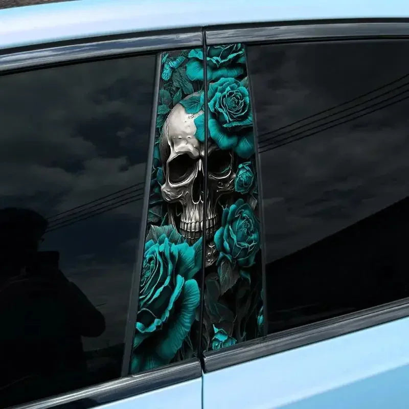 Turquoise Skull Car Sticker 2-Piece Set Waterproof Vinyl Sticker for Door Pillar Scratch Cover and Trim