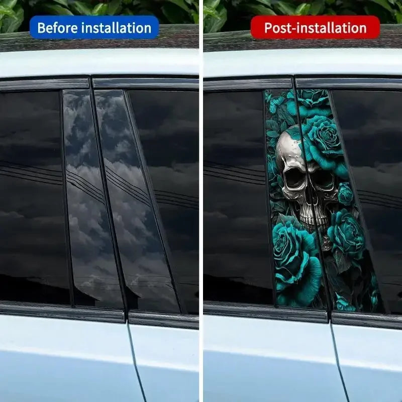 Turquoise Skull Car Sticker 2-Piece Set Waterproof Vinyl Sticker for Door Pillar Scratch Cover and Trim