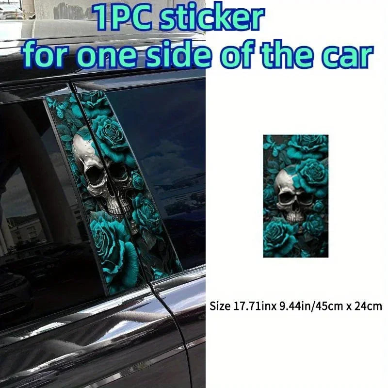 Turquoise Skull Car Sticker 2-Piece Set Waterproof Vinyl Sticker for Door Pillar Scratch Cover and Trim